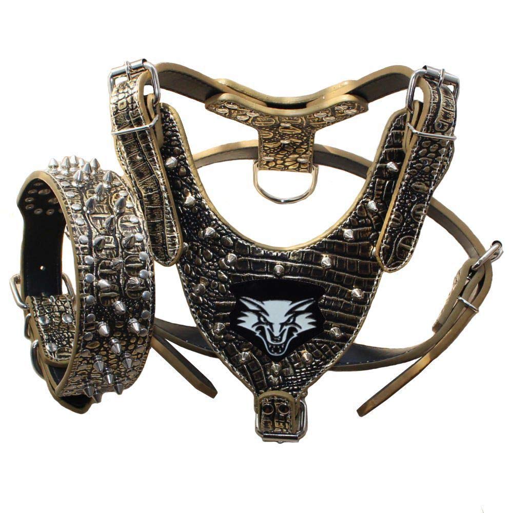 haoyueer Leather Spiked Studded Medium & Large Dog Collars, Harnesses 2Pcs Matching Set for Pit Bull,Mastiff, Boxer, Bull Terrier (XL, Gold Brown-1)