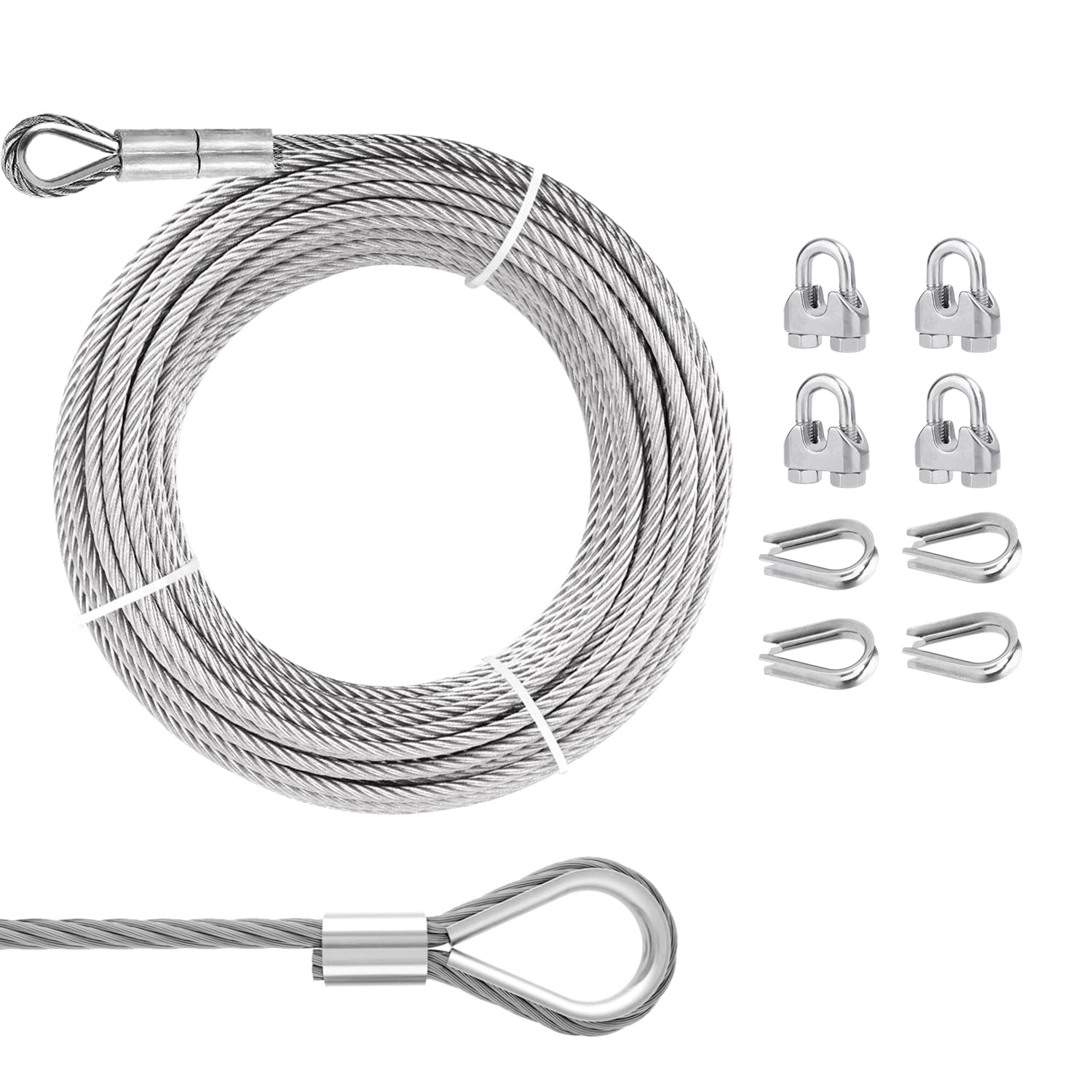 Photo 1 of 1/4 Stainless Steel Cable, PIUM 30Ft Wire Rope, 1/4" Aircraft Cable with 7x19 Strands and 6400lbs Breaking Strength, 304 Stainless Steel Cable with Loops for Zipline Cable, Boat Lift, Decking Rails