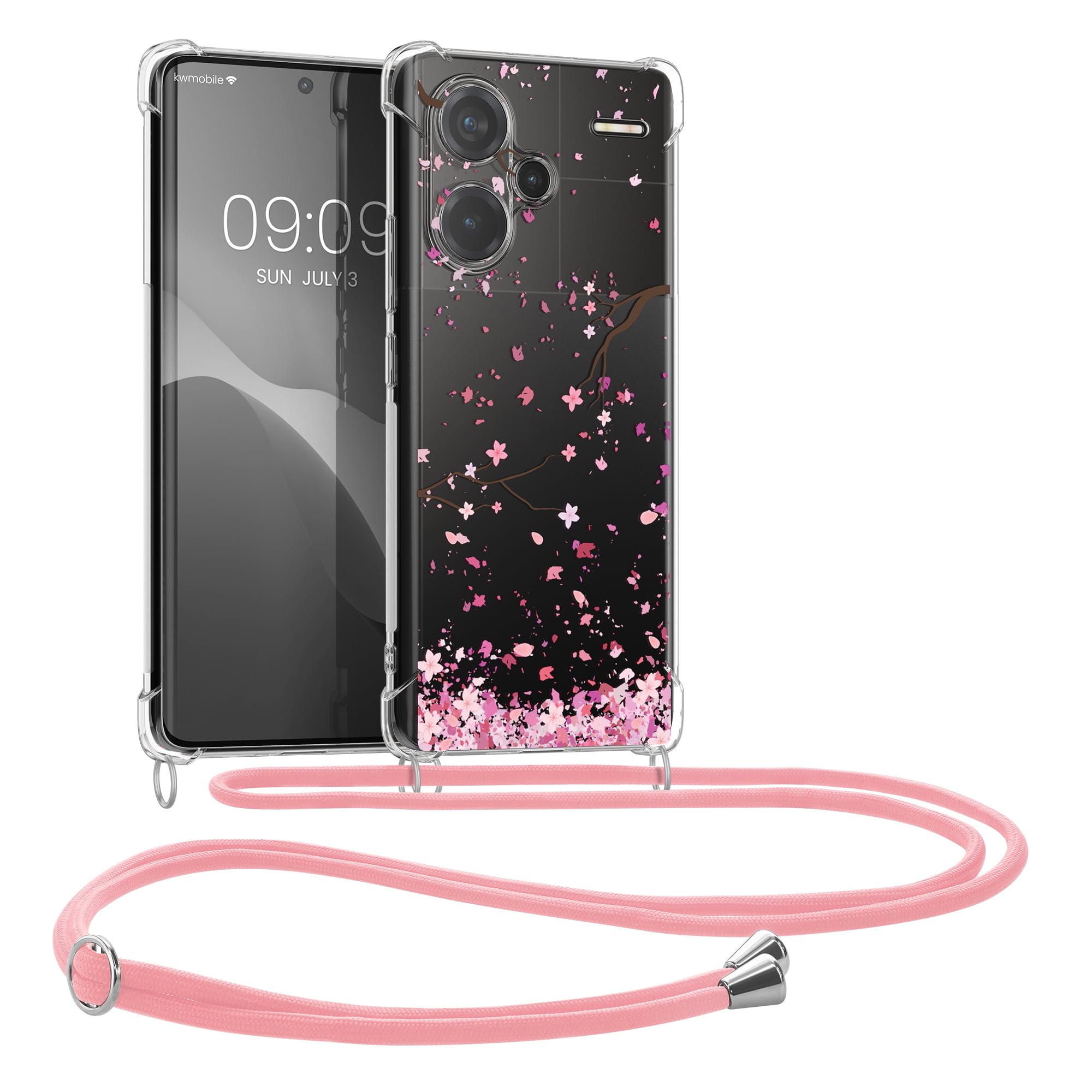 kwmobile Crossbody Case Compatible with Xiaomi Redmi Note 13 Pro+ 5G / Redmi Note 13 Pro Plus 5G Case Strap - Cherry Blossoms Pink/Dark Brown/Transparent