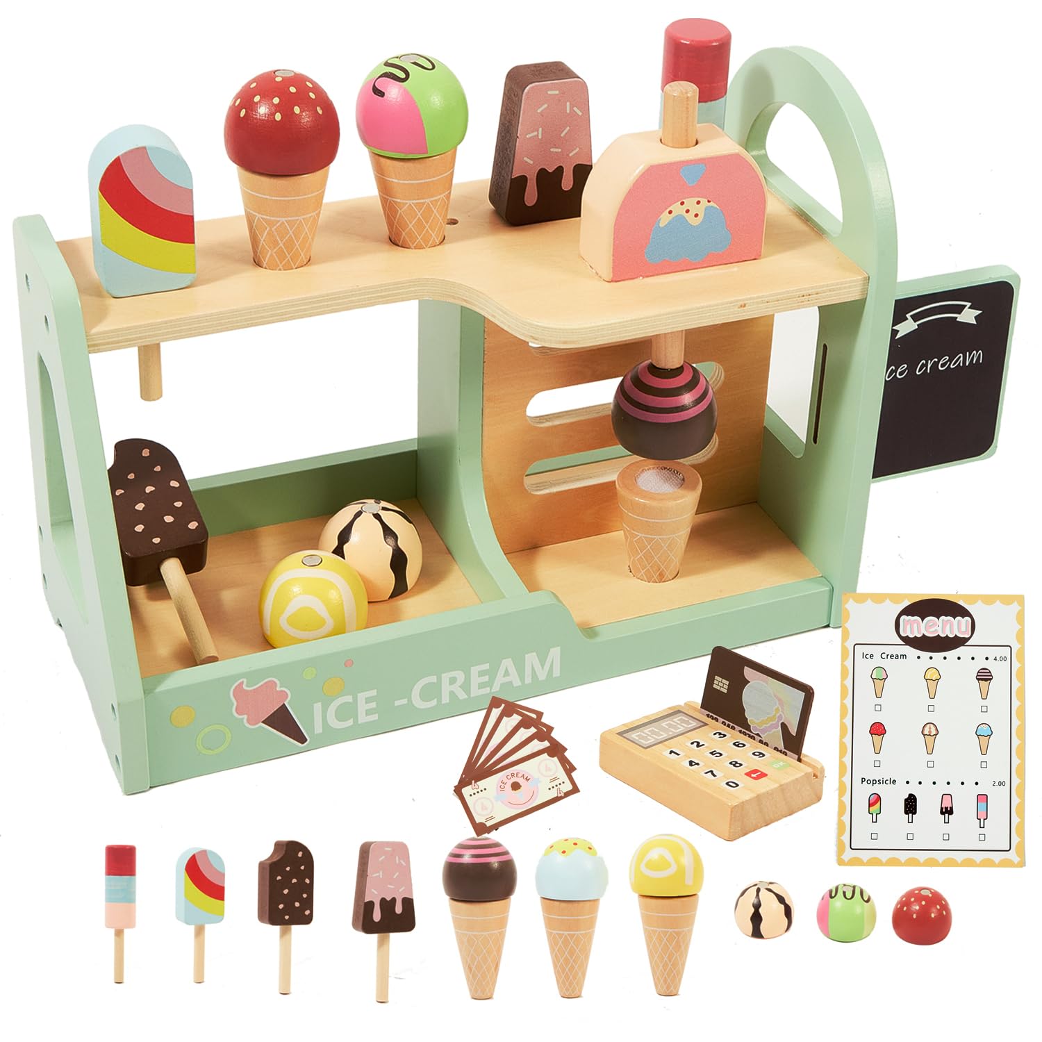 Benhurb Wooden Ice Cream Toys for Kids, Wooden Ice Cream Set Shop Pretend Play Food Toys for Toddler, Kids Role Play Toys Kitchen Accessories, Christmas Birthday Gifts for Girls Boys 3 4 5 6 Year Old