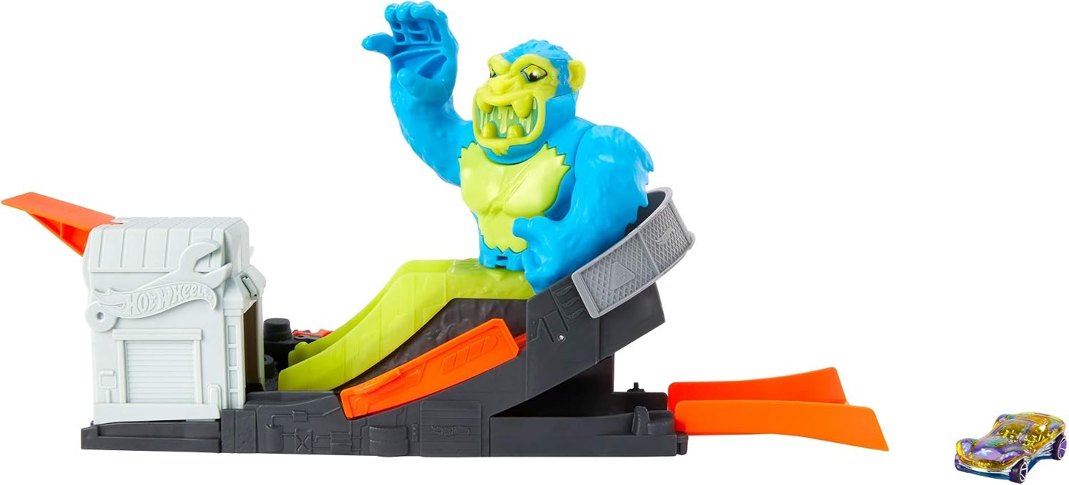 Hot Wheels Toxic Ape Attack Play Set for Kids 4 to 8 Years Old, Launch Included Hot Wheels Car at Moving Purple Ape to Defeat It Before It Knocks Cars Off the Track & Destroys GarAge