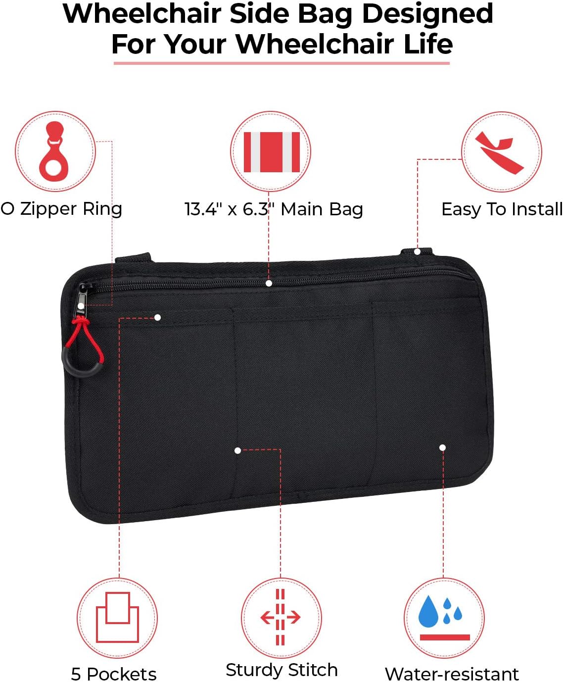 kemimoto Wheelchair Side Bag, Armrest Pouch Bag Ideal Gift for Family, 5 Pockets Storage Organizer for Electric Wheelchair, Walker, Rollator: Automotive
