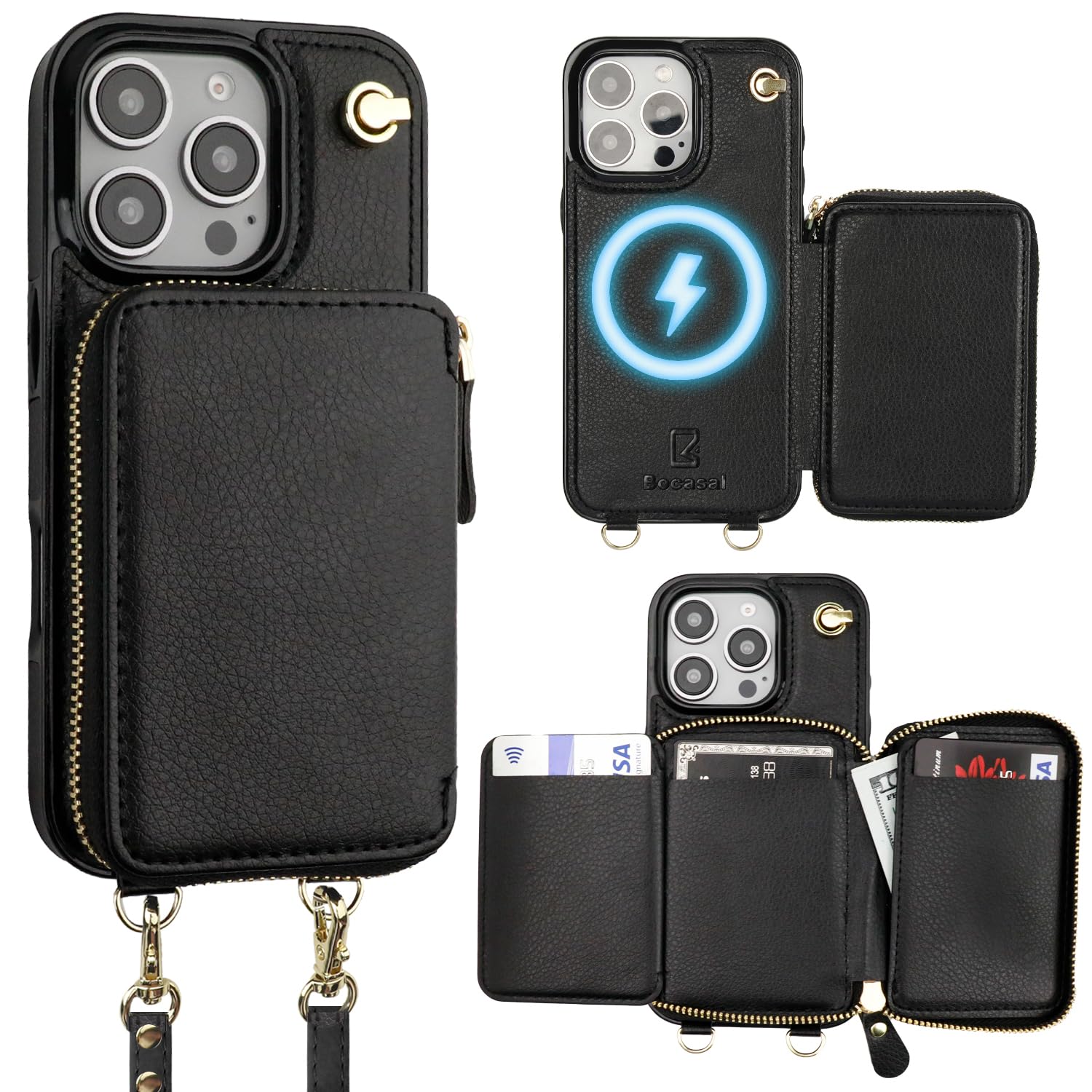 Photo 1 of Bocasal for MagSafe Crossbody Wallet Case Compatible with iPhone 16 Pro, RFID Blocking Protective Purse Case with Card Slots Holder Kickstand Wrist Strap Lanyard Zipper 6.3 Inch 5G (Black)