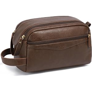 Vorspack PU Leather Travel Toiletry Bag for Men Women - Dark Brown | Water-Resistant Travel Bag for Toiletries, Wide Opening,