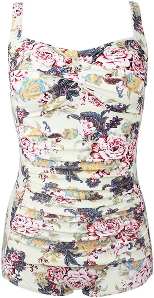 Women's Vintage Floral Print Tummy Control One Piece Twisted Boyleg Swimsuit