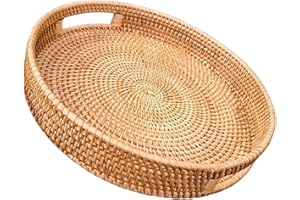 Veemoon Rattan Serving Tray Round Woven Basket with Handles for Kitchen Fruit and Vegetable Storage and
