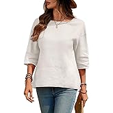 vinglam Women's Linen Blouses 3/4 Sleeeve Pure 100% Linen Crew Neck Tops Tshirts