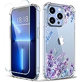 ilnehc Flower Pattern Designed for iPhone 13 Pro Max Case[with Screen Protector], Floral Clear Women Phone Case Shockproof Protective Soft TPU Bumper Cover 6.7 Inch 2021(Lavender/Purple)