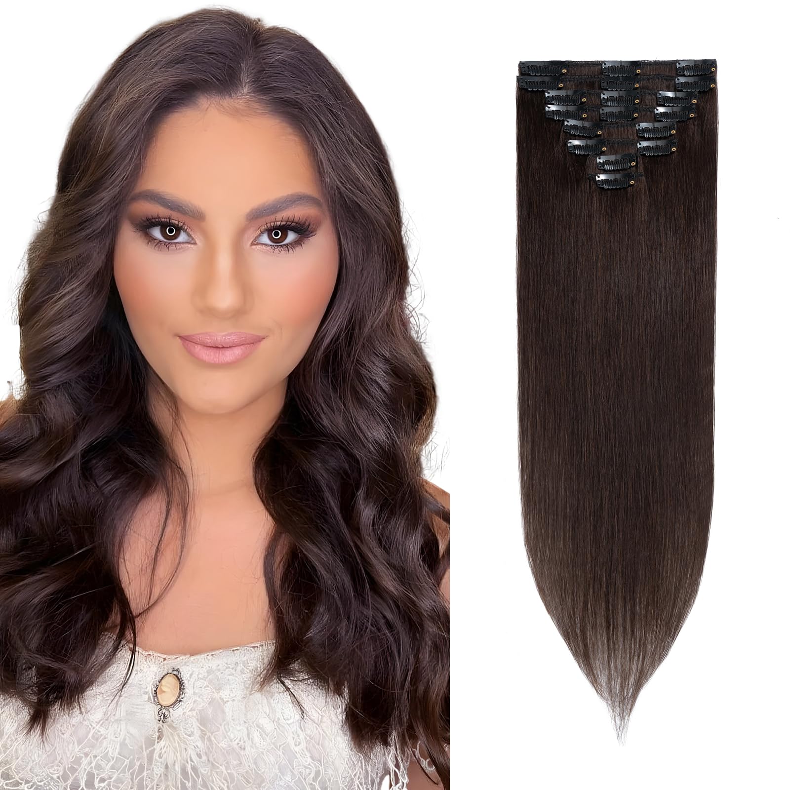 Rich Choices Clip in Hair Extensions Human Hair Dark Brown 20 Inch Remy Hair Extensions Clip in, 8PCS 70g Thin Weft — image 1
