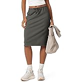 ODODOS Women's Back Split Knee Length Skirt - Cotton French Terry Drawstring Tie High Waist Casual Skirts with Pockets