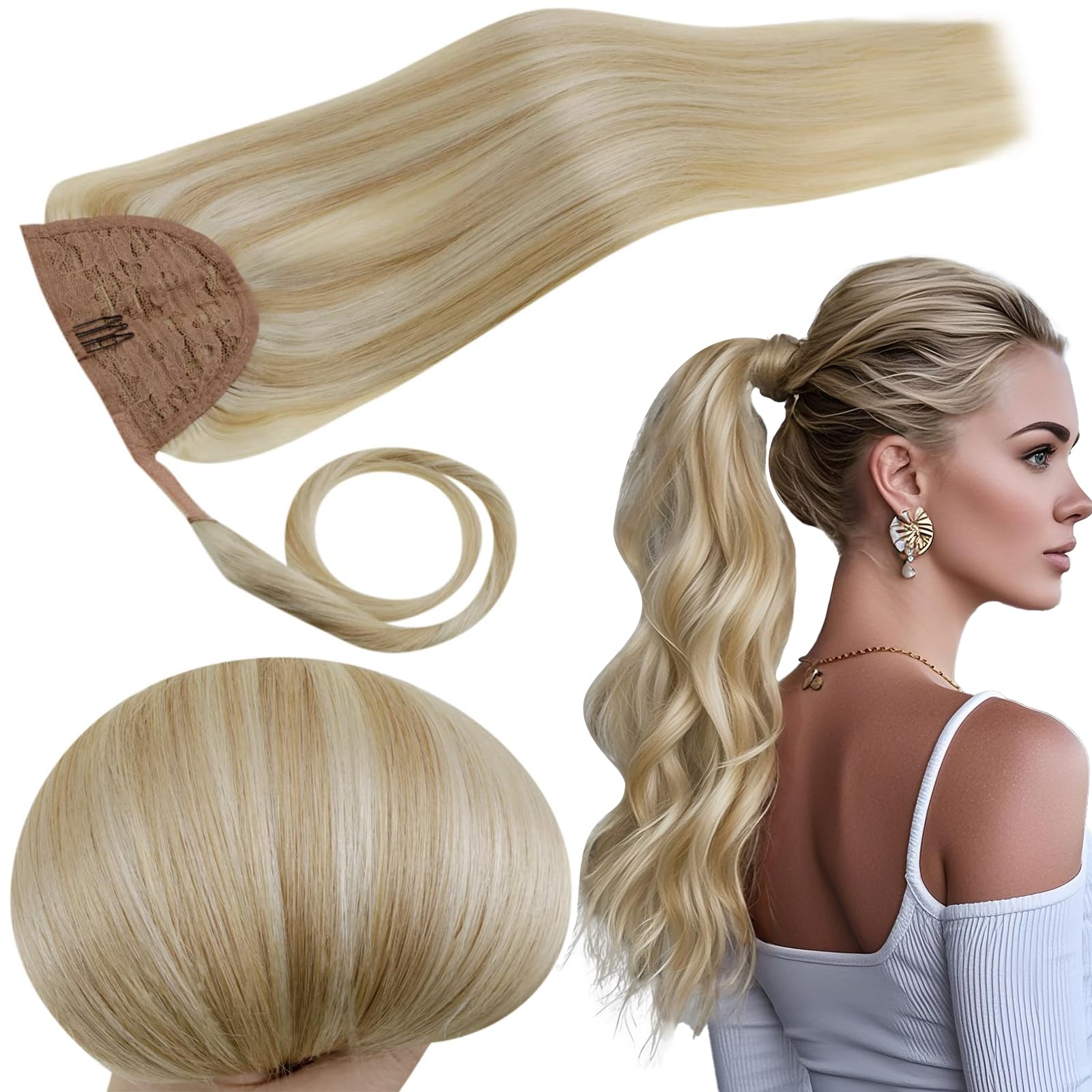 RUNATURE Ponytail Extension Human Hair Straight Blonde Real Hair Ponytail Extension Highlight Platinum Blonde Ponytail Hair Easy to Wear 12 Inch 70g #18/613 — image 1