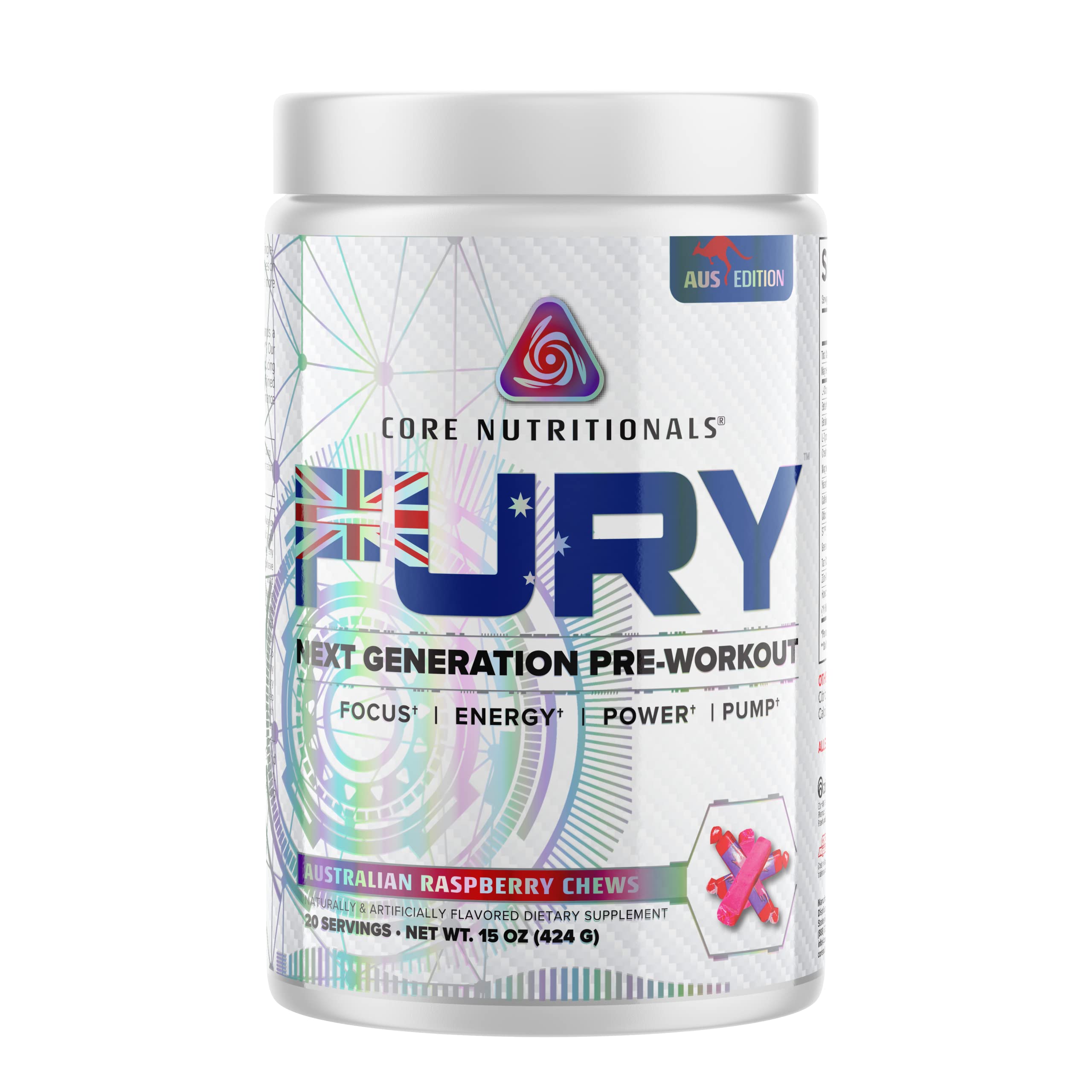 Core Nutritionals Fury Platinum Pre Workout Intensifier with 375mg Caffeine, 5G Creatine Monohydrate, 6G L-Citruline for Maximum Pump, Power, Focus and Energy, 20 Servings (Raspberry Chews)