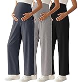 Ecavus 3-Pack Women's Maternity Pants Over Belly Soft Lounge Palazzo Pants Stretch Wide Leg Pregnancy Trousers with Pockets