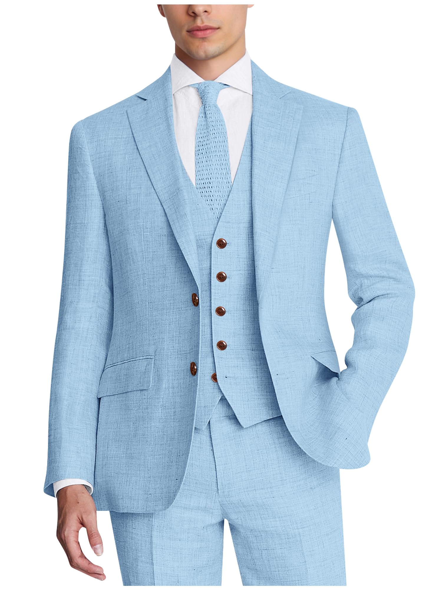 Photo 1 of ZKHOECR Men's Suits 3 Piece Slim Fit Suit for Men Light Blue Casual Linen Suits Business Prom Party Beach Wedding Tuxedos Suits S