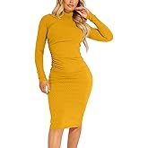 Kaximil Women's Ribbed Basic Casual Midi Dress Long Sleeve Bodycon Ruched Club Dresses