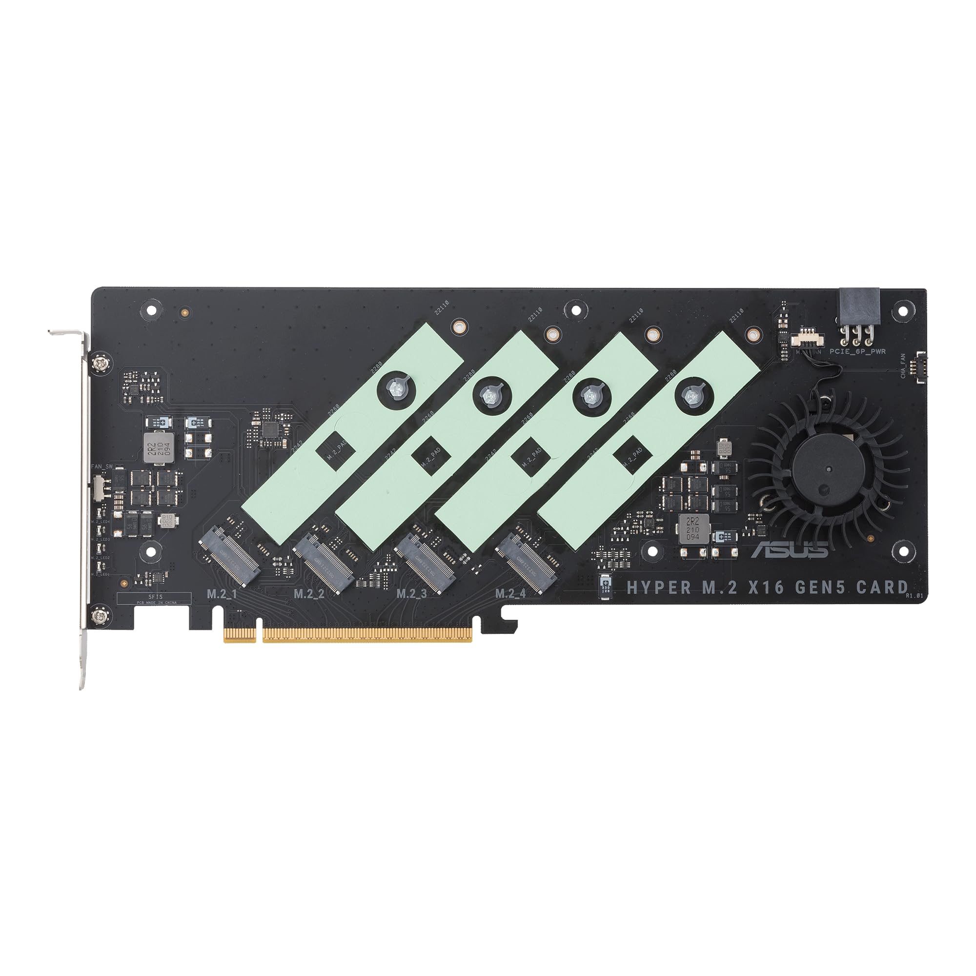 ASUS Hyper M.2 x16 Gen5 Card (PCIe 5.0/4.0) Supports Four NVMe M.2 (2242/2260/2280/22110) Devices up to 512 Gbps for AMD and Intel® Platform RAID Functions.