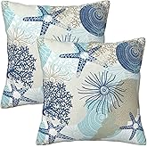 Poream Beach Ocean Starfish Seashell Nautical Coastal Farmhouse Throw Pillow Covers 18x18 Pillow Case Soft Pillowcase Cushion Covers Set of 2 for Sofa Bed Bedroom Car Chair Living Room Home Decor