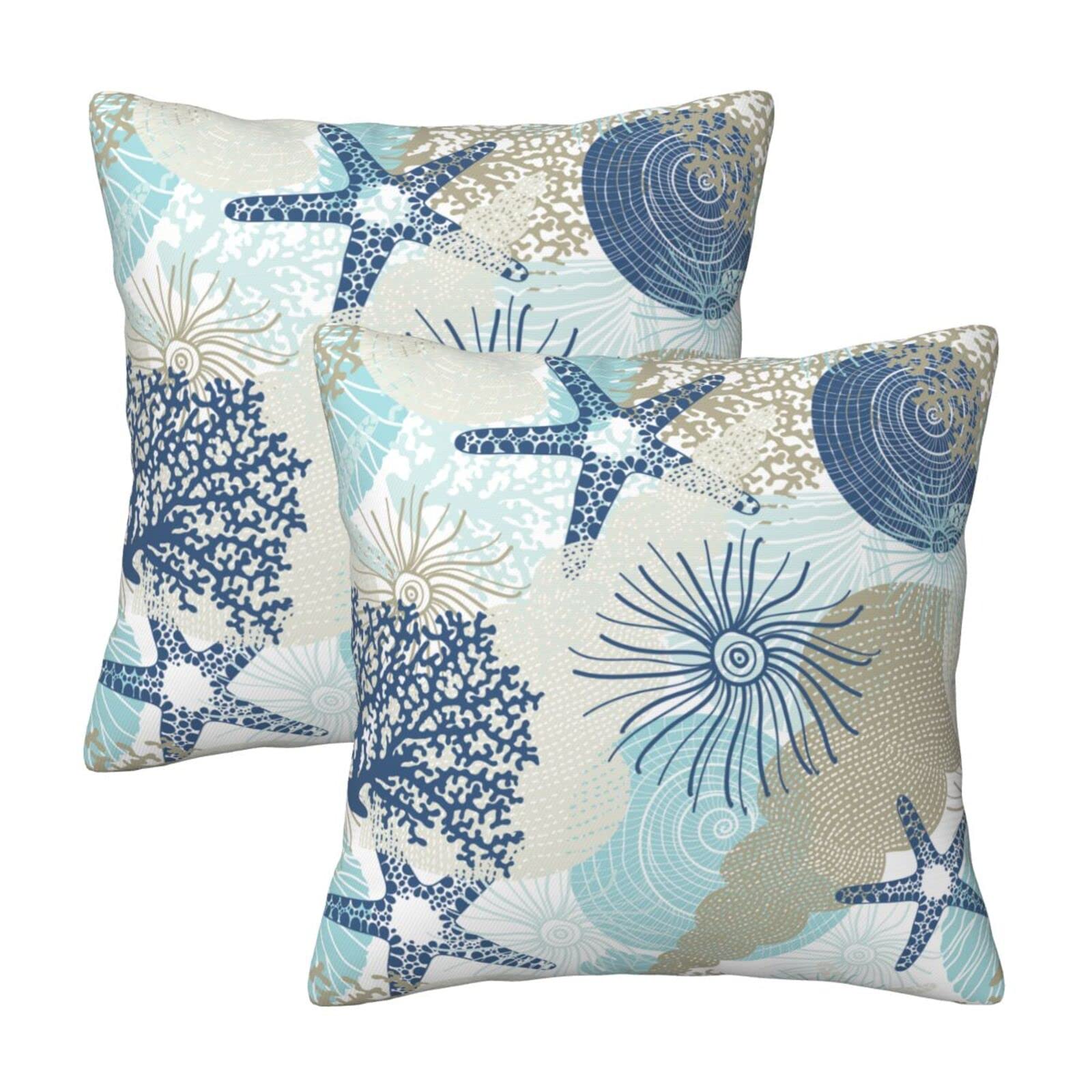 Photo 1 of Beach Ocean Starfish Seashell Nautical Coastal Farmhouse Throw Pillow Covers 18x18 Pillow Case Soft Pillowcase Cushion Covers Set of 2 for Sofa Bed Bedroom Car Chair Living Room Home Decor