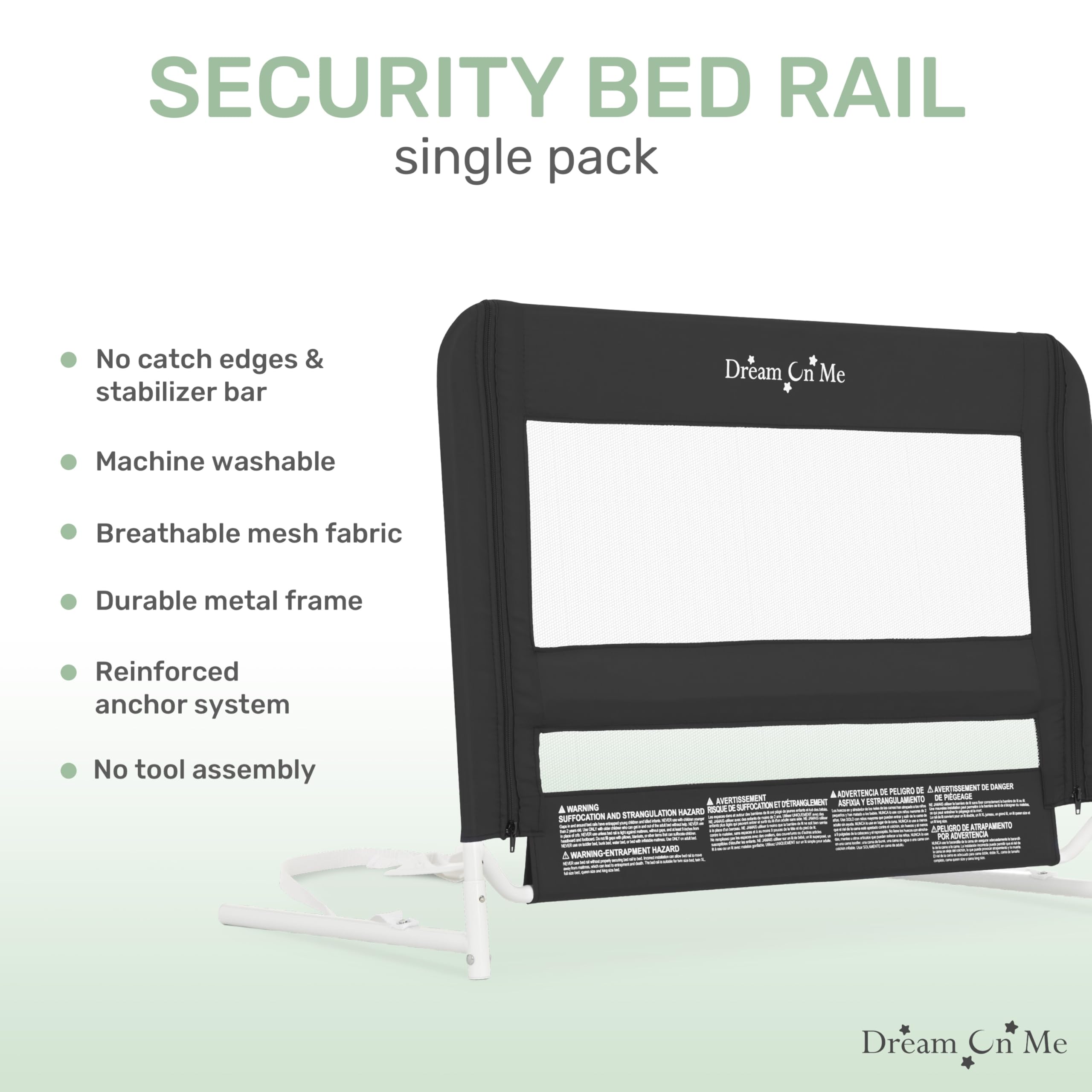 Dream On Me Lightweight Mesh Security Adjustable Bed Rail for Toddler, Breathable Mesh Fabric, Suitable for All Types of Beds, Reinforced Anchor System Bed Guard Rail, Black