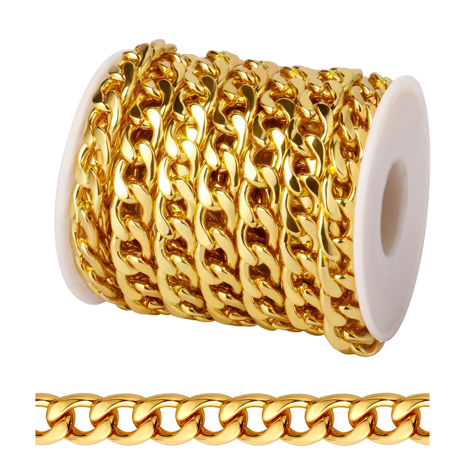 Photo 1 of [16.5 FT] 18K Gold Plated Curb Chain for Jewelry Making, 9.8mm Wide 304 Stainless Steel Cuban Link Chain Roll Bulk for DIY Jewelry Making Craft