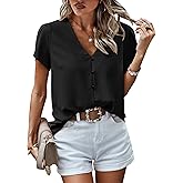 PRETTYGARDEN Short Sleeve Tops for Women 2026 Summer V Neck Western Chiffon Button Down Shirts Dressy Casual Work Blouses