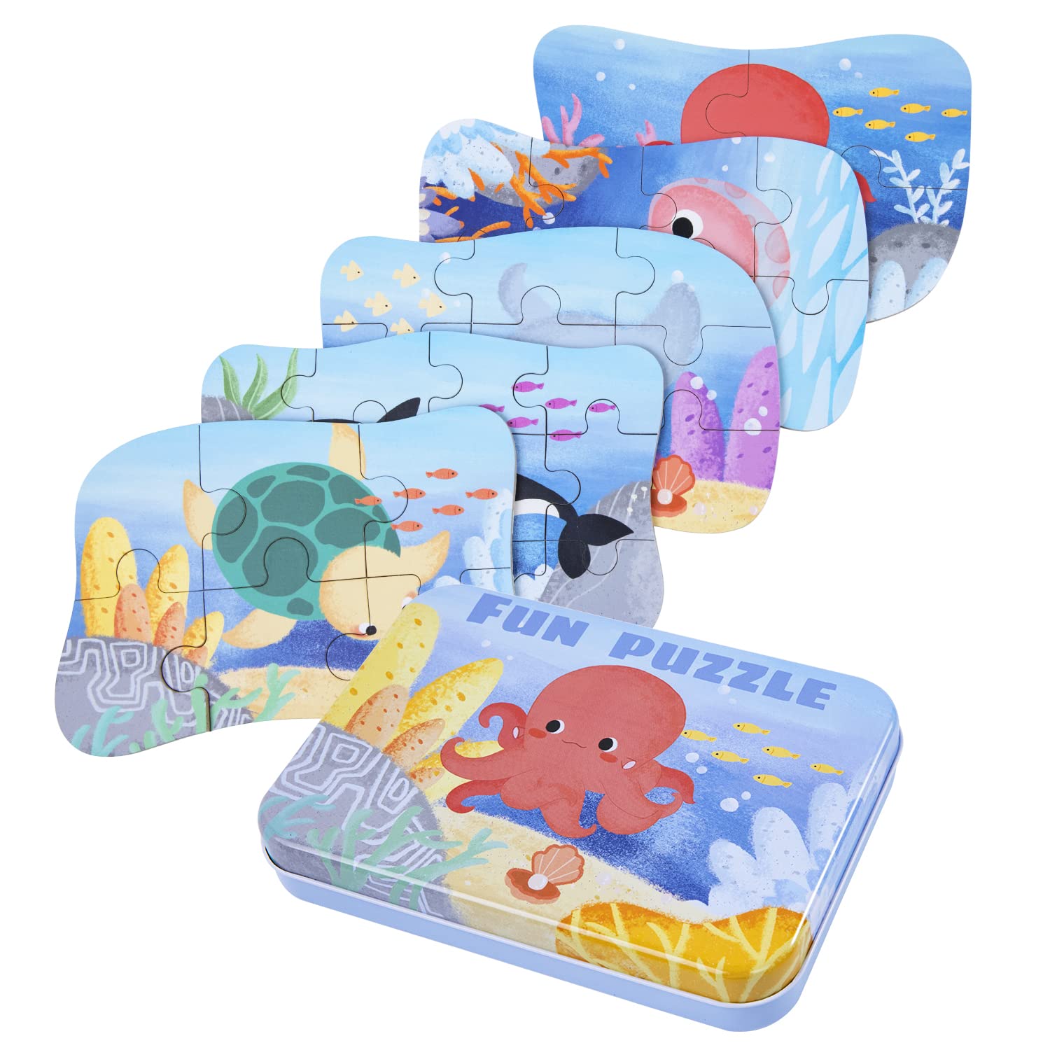 BBLIKE Children's Puzzle Sea Animal Puzzle, 5 Sets of 39 Wooden Jigsaw Puzzles Each, Marine Style, Ages 3-5