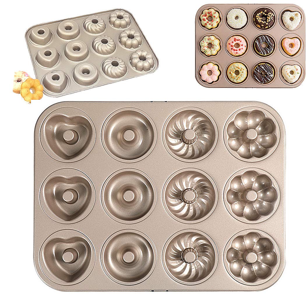 SIPLIV Nonstick Donut Pan Carbon Steel Donut Mold Baking Tray Bagels Mold for 12 Donuts, Round Flower Heart Whirlwind Shaped Donut Pan - 4 Type