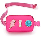 Fanny Pack for Girls Crossbody Bag, Preppy Nylon Kids Belt Bag for Birthday Christmas Graduation Personalized Gifts, Pink Chenille I Letter for Women Teen Girls Fanny Pack