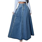ebossy Women's Retro High Waisted Button Fly Flared Long Jean Skirts Pleated Flowy Swing A-line Denim Maxi Skirts