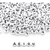 Amaney 300pcs Vowel Letter Beads A E I O U 7×4mm White Round Acrylic Letter Beads for Jewelry Making Bracelets Necklaces Each 60 Pieces