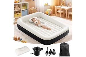 Inflatable Toddler Travel Bed, 67 Inches Portable Blow Up Bed Kids Air Mattress with Safety Sides, Electric Pump for Camping 
