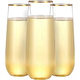 N9R 36PCS Plastic Champagne Flutes, 9 Oz Stemless Disposable Gold Rim Toasting Glasses, Crystal Clear Cocktail Cups Drinkware Shatterproof Ideal for Party Wedding Birthday