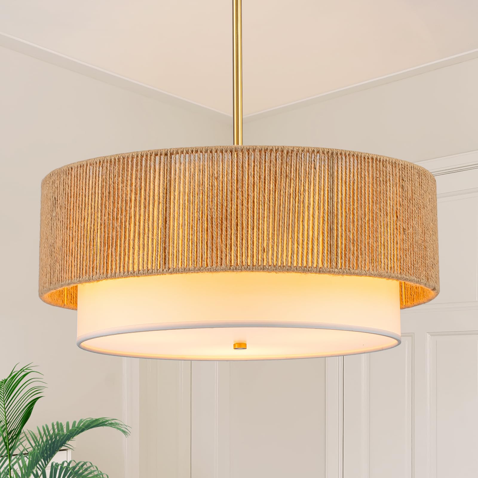 Photo 1 of 18'' Farmhouse Rattan Chandeliers for Dining Room,3-Light Boho Light Fixtures Rattan Pendant Light Fixture with Fabric Shade Drum Chandeliers for Bedroom Dining Room Foyer Kitchen Hallway