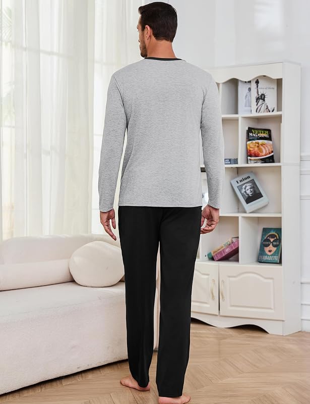 Pyjamas en Coton pour Hommes Pyjamas Longs Deux Pièces Loungewear Pyjama Long Automne Et Hiver Élastique Ajustable Pantalon De Pyjama S-3XL — photo 3 sur 8