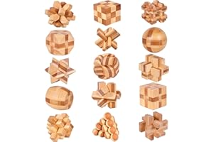 VolksRose 15pcs Wooden Brain Teaser Puzzles, IQ Challenge Puzzle Games, Logic Smart Mind Puzzle Box Lock Toy Removing Assembling 3D Small Puzzle Gift Set for Adults Teenagers Kids, 1.8inch 4.5cm