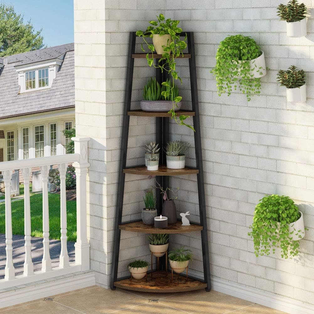 Tribesigns 70" Tall Corner Shelf, 5 Tier Rustic Corner Bookshelf, Plant