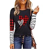 Love Heart Graphic Splicing Long Sleeve Women Fun Print Color Block Shirt Stripe Raglans Tee Tops