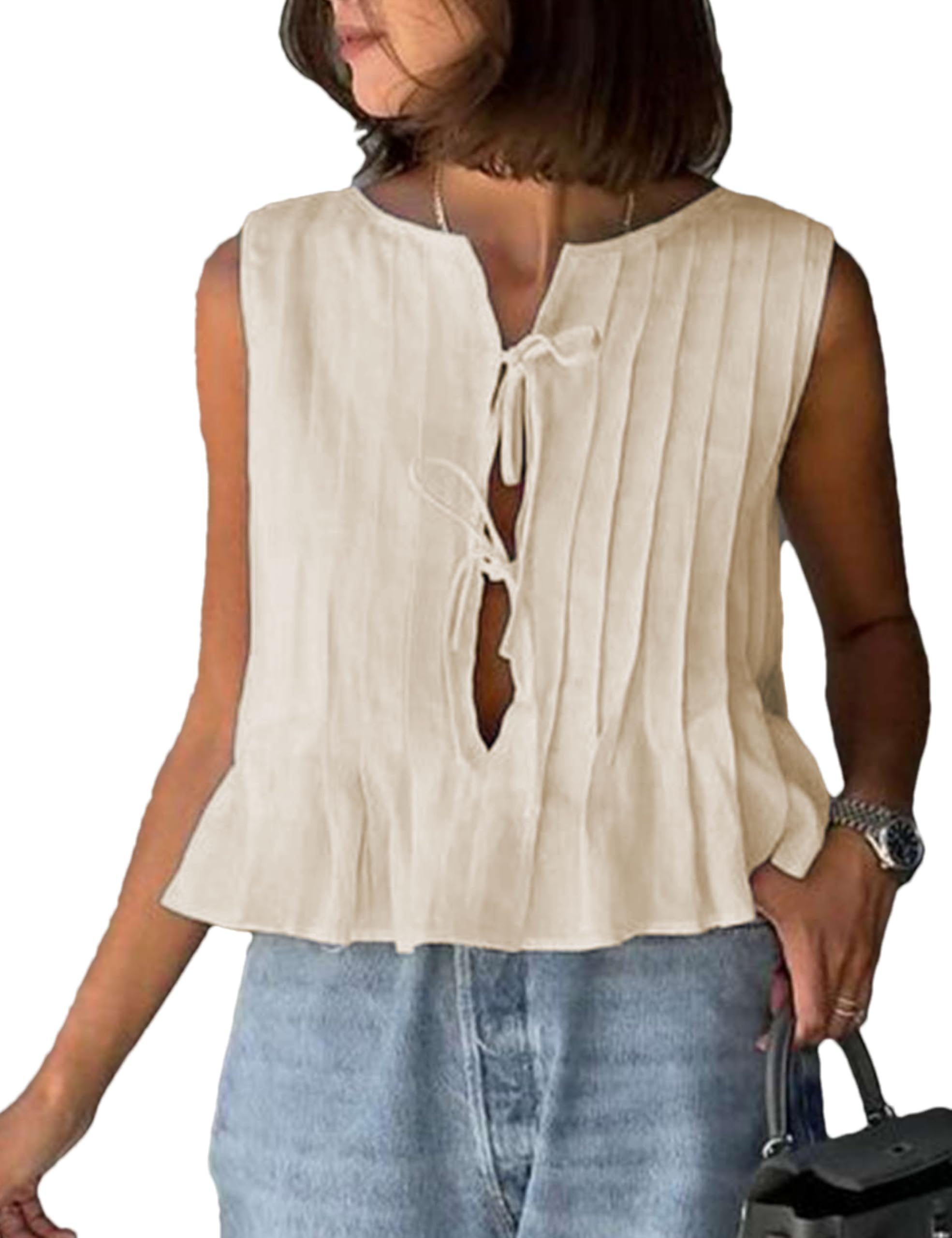 Photo 1 of Zontroldy Women's Linen Tie Front Shirts Sleeveless Y2K Babydoll Ruffle Tank Top Aesthetic Clothes(1385-Apricot-L)