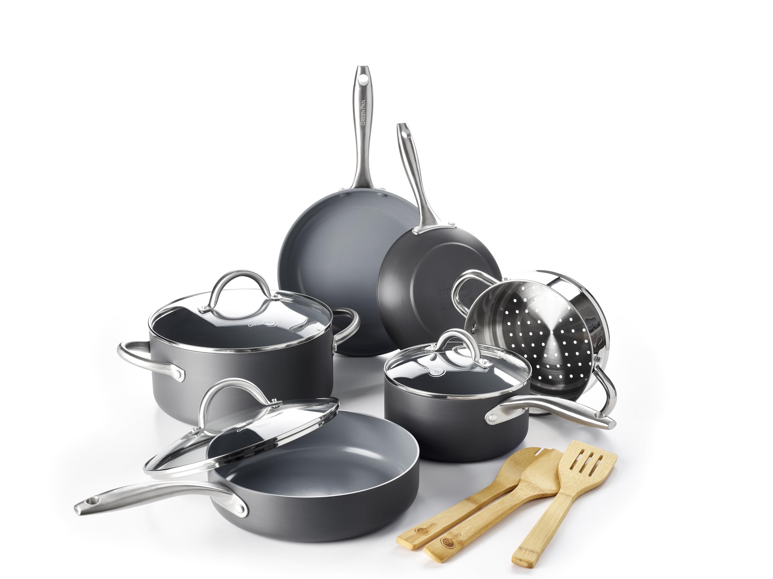 GreenPan Lima Juego de ollas y sartenes antiadherentes de cerámica saludable, anodizado duro, 12 piezas, sin PFAS, apto para horno, gris