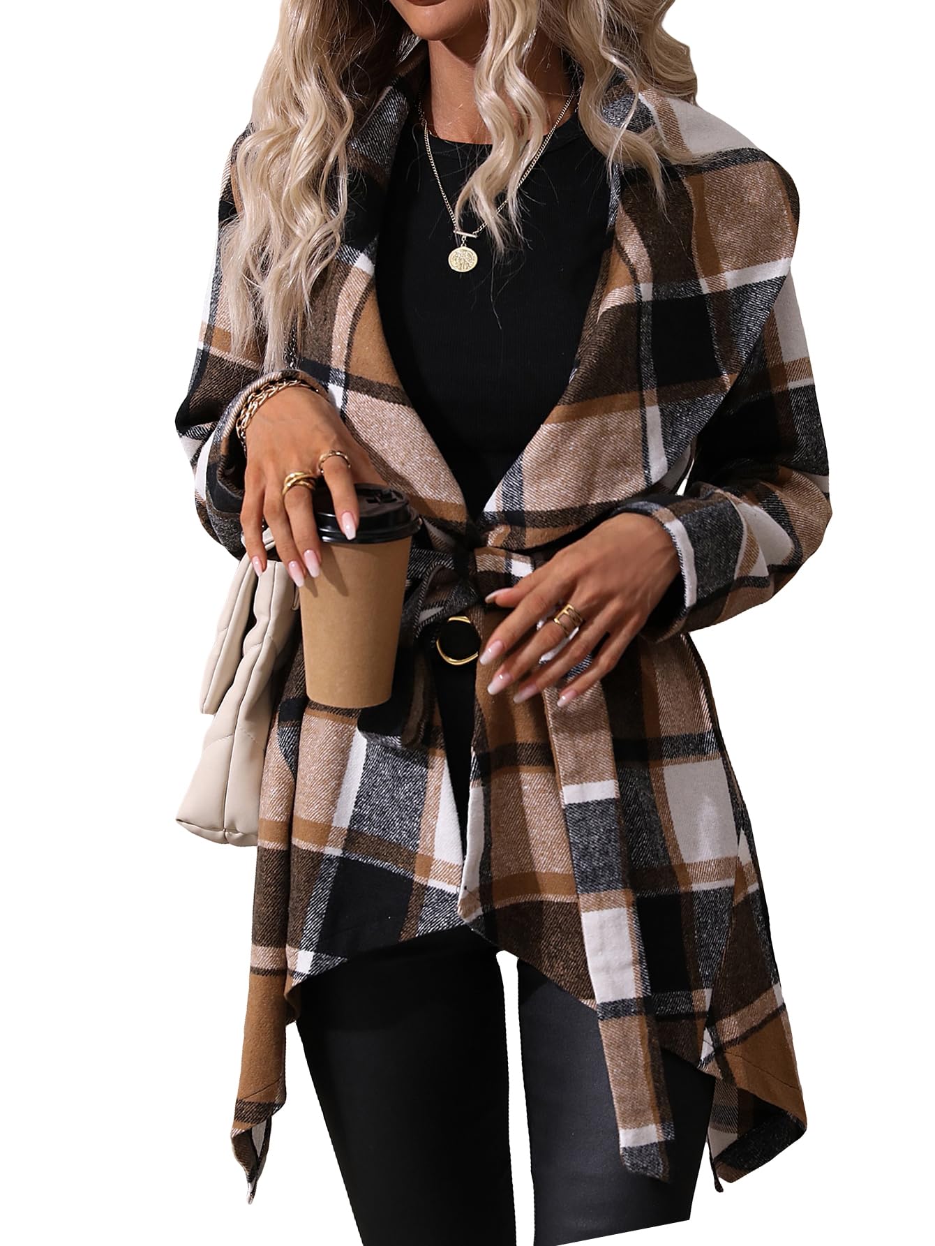 Photo 1 of SHENHE Women's Plaid Belted Wrap Coat Waterfall Collar Asymmetrical Elegant Coat Outerwear Multicolor Large