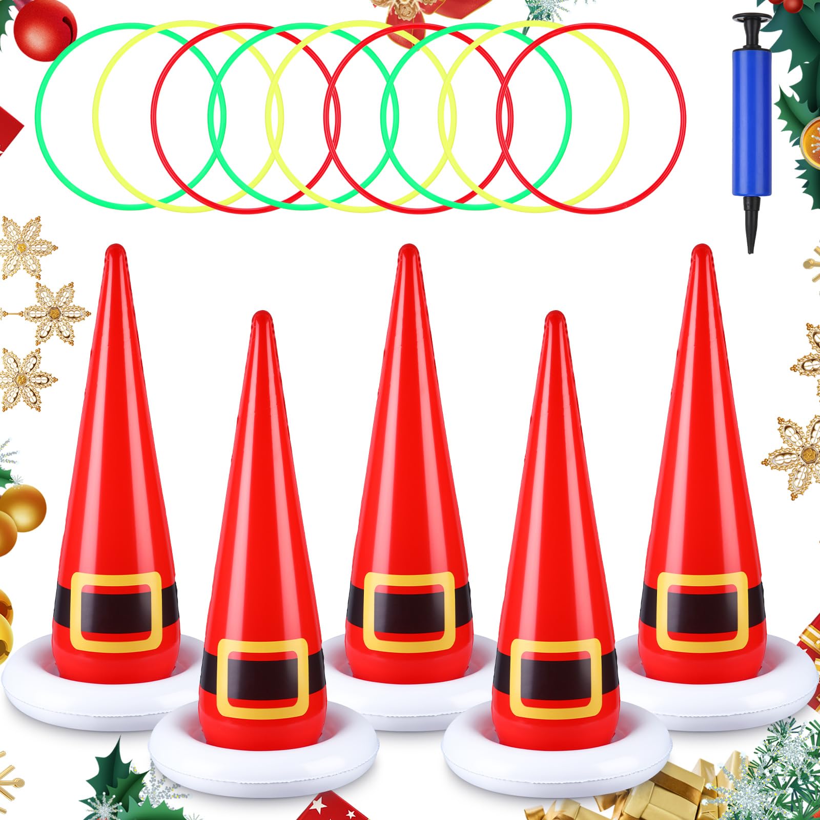Photo 1 of PullCrease 5 Sets Christmas Inflatable Santa Hat Ring Toss Games with 10 Toss Rings and Pump Fun Christmas Party Games for Xmas Families Gifts Indoor Outdoor Holiday Supplies Decorations