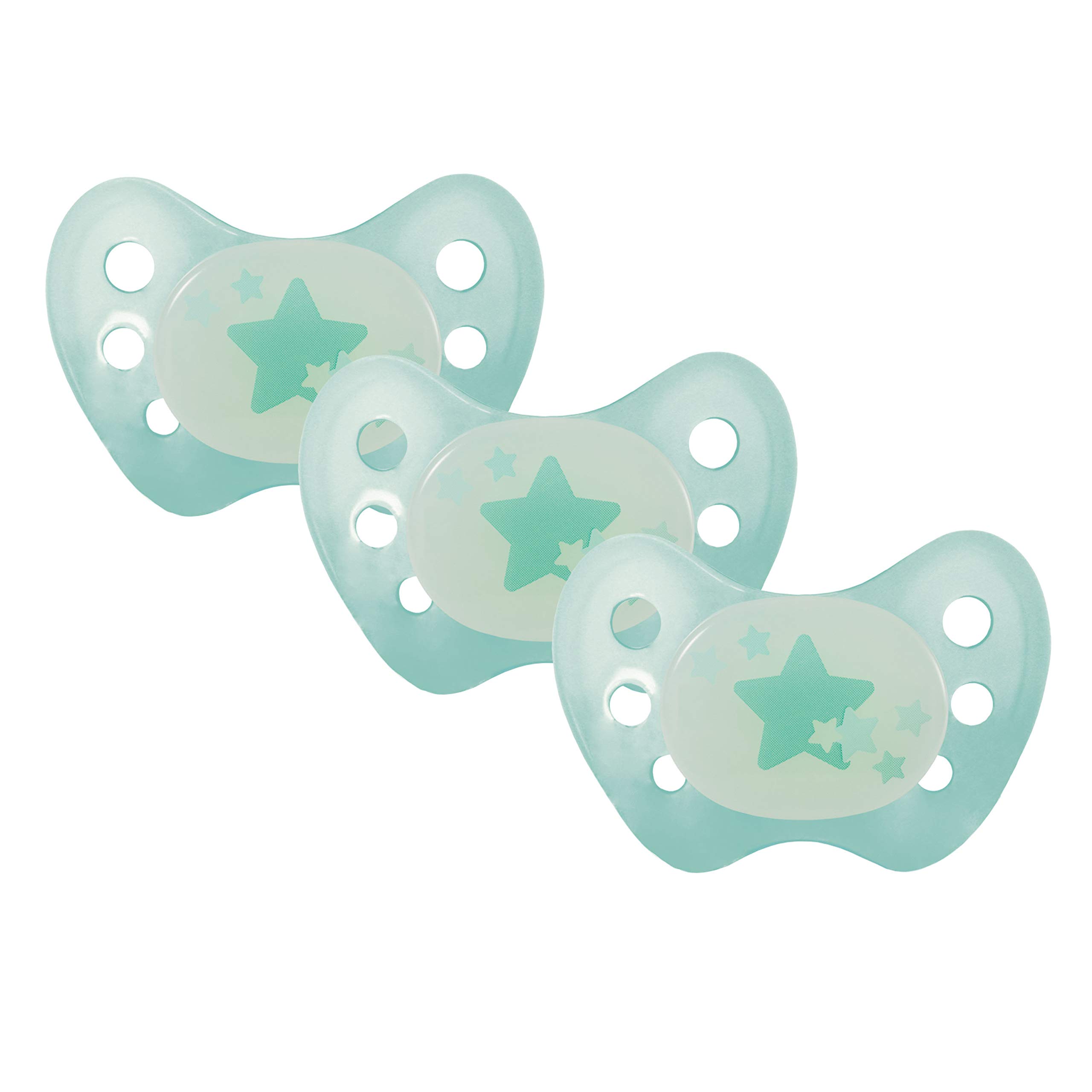 dentistar Night Silicone Soother Set of 3 - Size 2 for 6-14 Months - Silicone Soother with Dental Step - Glow in The Dark - Baby Accessories - Made in Germany - Star, Turquoise