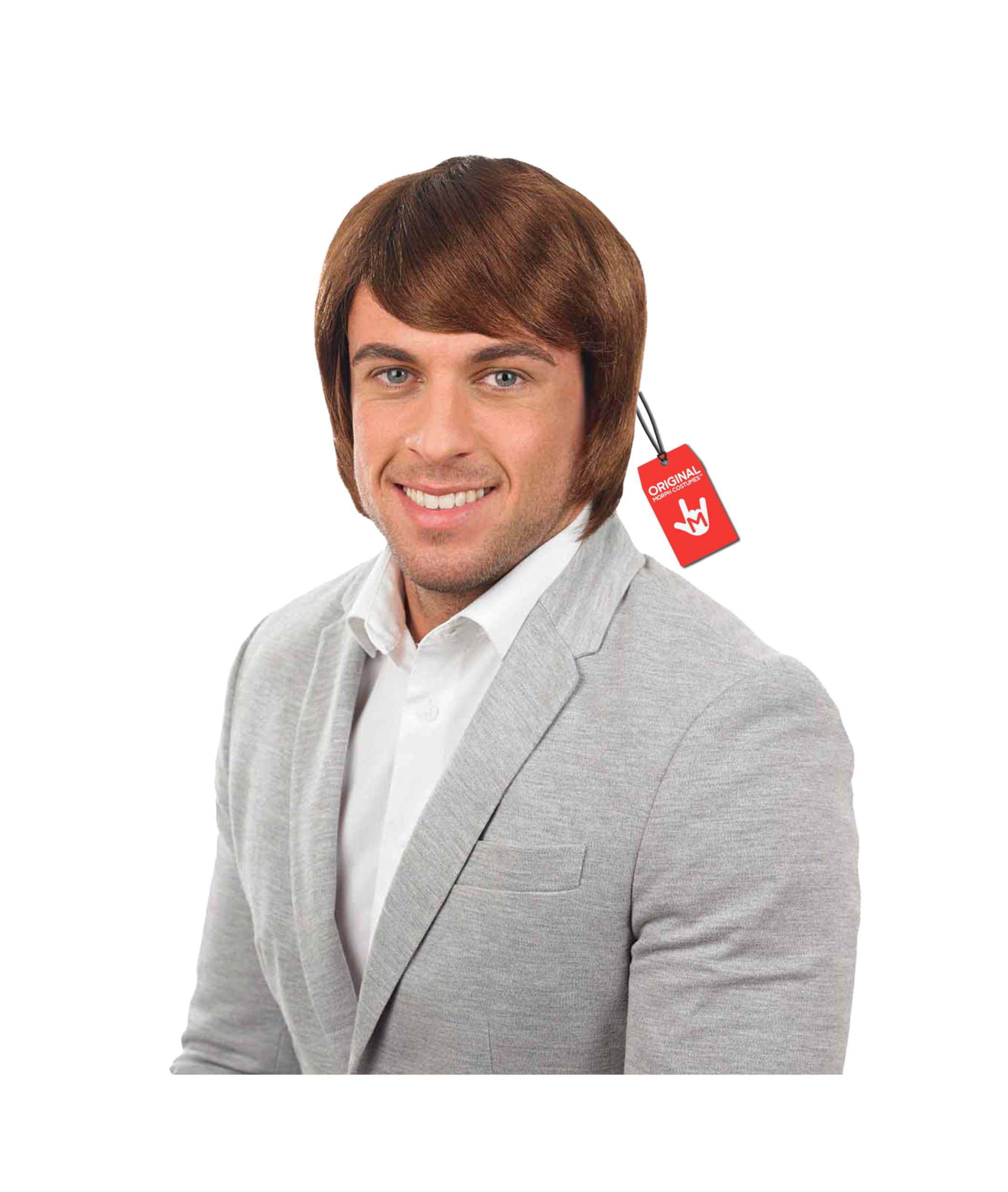 Mens Brown Boy Band Wig Adults Short Hair Side Fringe Costume Accessory