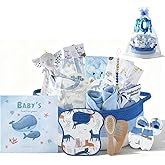 25-Pcs Luxury Baby Boy Gift Basket Set, Blue (0-12M Newborn) | Premium Baby Shower Gifts with Keepsake Memory Book. Ultimate Newborn Essentials in Woven Basket for Unforgettable Welcome Mom Gift