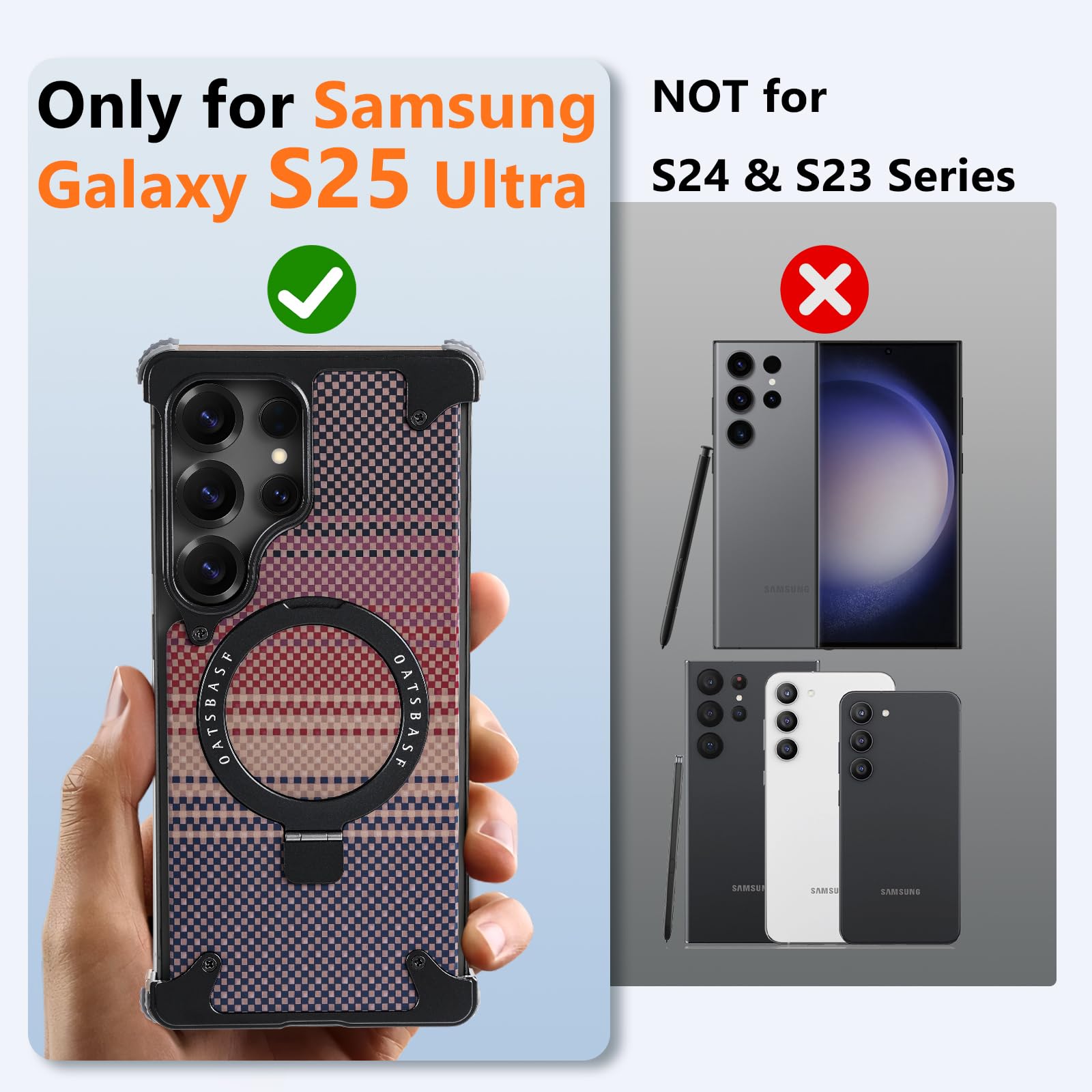 Condition photo showing New/Like New for oatsbasf frameless for samsung galaxy s25 ultra case, bezel less slim protective shock with aramid fiber, sleek minimalist metal aluminum shells with built-in kickstand phone case (black) checkered pattern-black for samsung galaxy s25 ultra