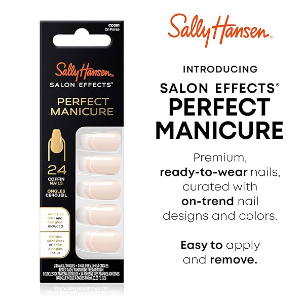 SALLY HANSEN SALON EFFECTS® PERFECT MANICURE, ON POINTE, PRESS ON NAILS, COFFIN SHAPED, NON-DAMAGING ADHESIVE TABS, FILE, AND ALCOHOL PAD INCLUDED
