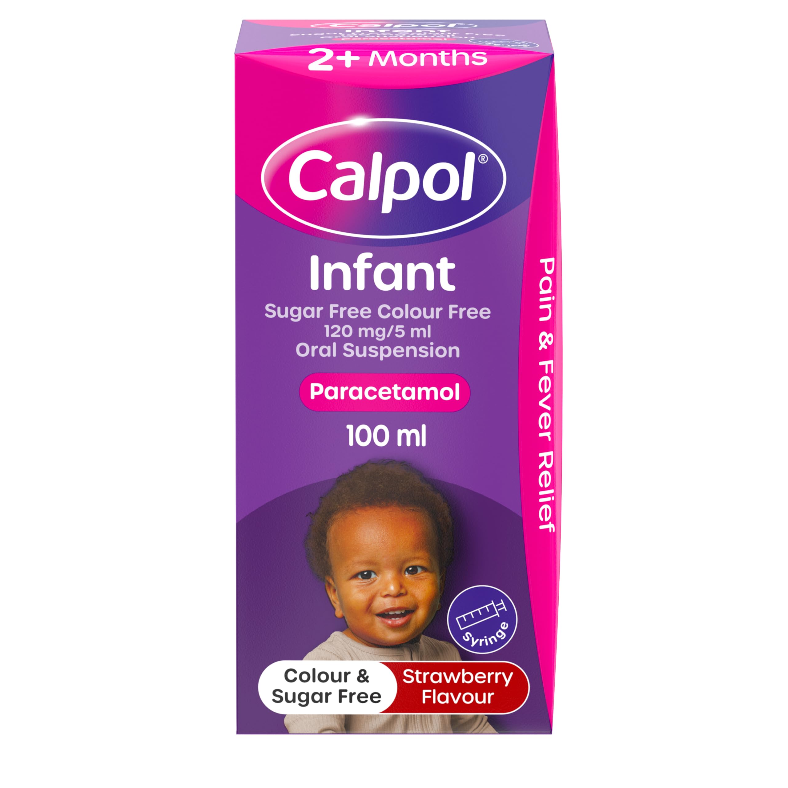 Calpol Infant Oral Suspension (1 x 100ml), Sugar-Free Strawberry Flavour Paracetamol for Kids, Relieves Pain and Fever, Baby Medicine Syringe, Soothed Symptoms After 1 Dose, Gentle on Tummies