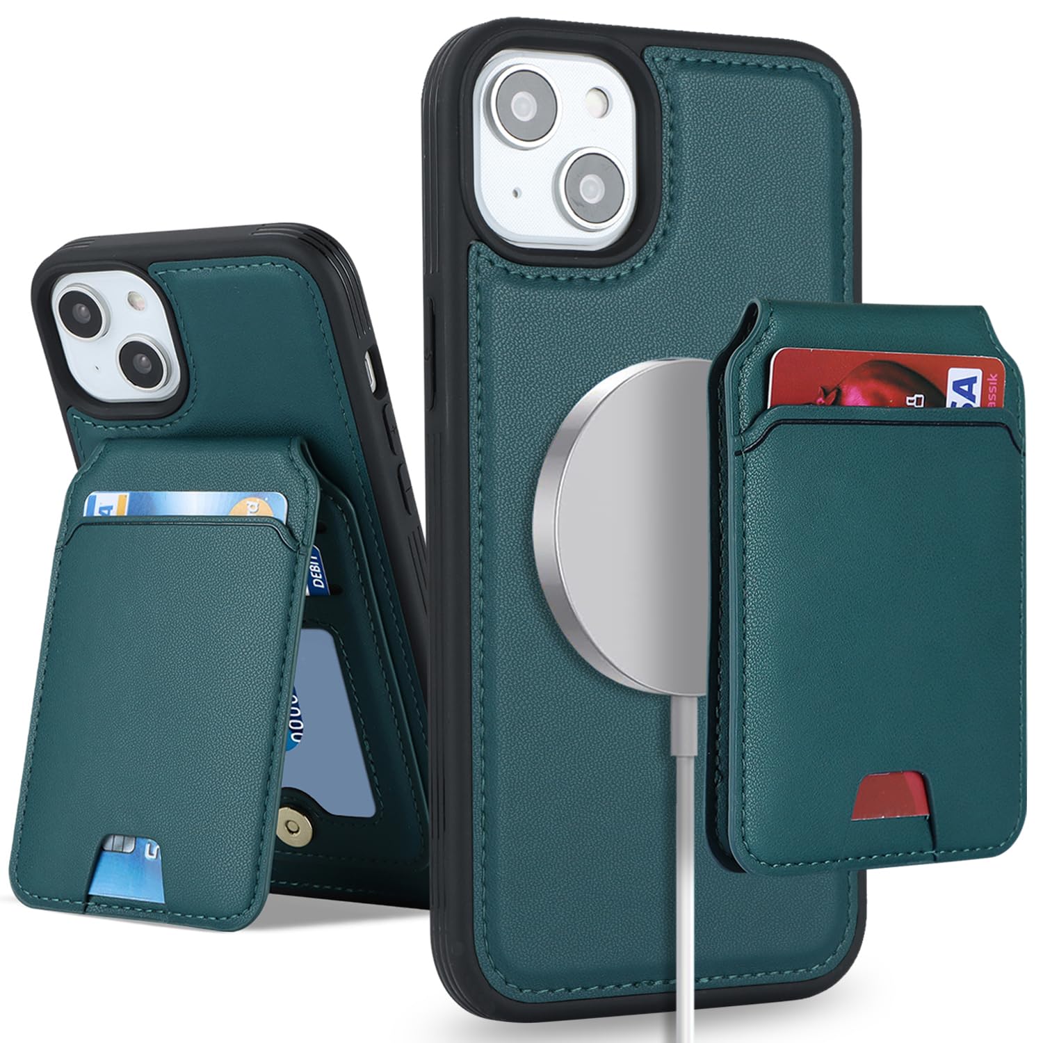 Photo 1 of SailorTech for iPhone 14 Plus case with Credit Card Holder mag Safe,for iPhone 14 Plus Phone Leather Case Wallet for Women Compatible magsafe Wallet Detachable 2-in-1 for Men-Green