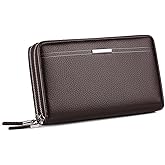 Long Wallet for Men with 12 Card Slots, Waterproof Leather Zipper Wallets for Men, Travle Wallet Clutch Men for Phone Cash and Card, Gift for Father Son Husband Boyfriend (Coffee)
