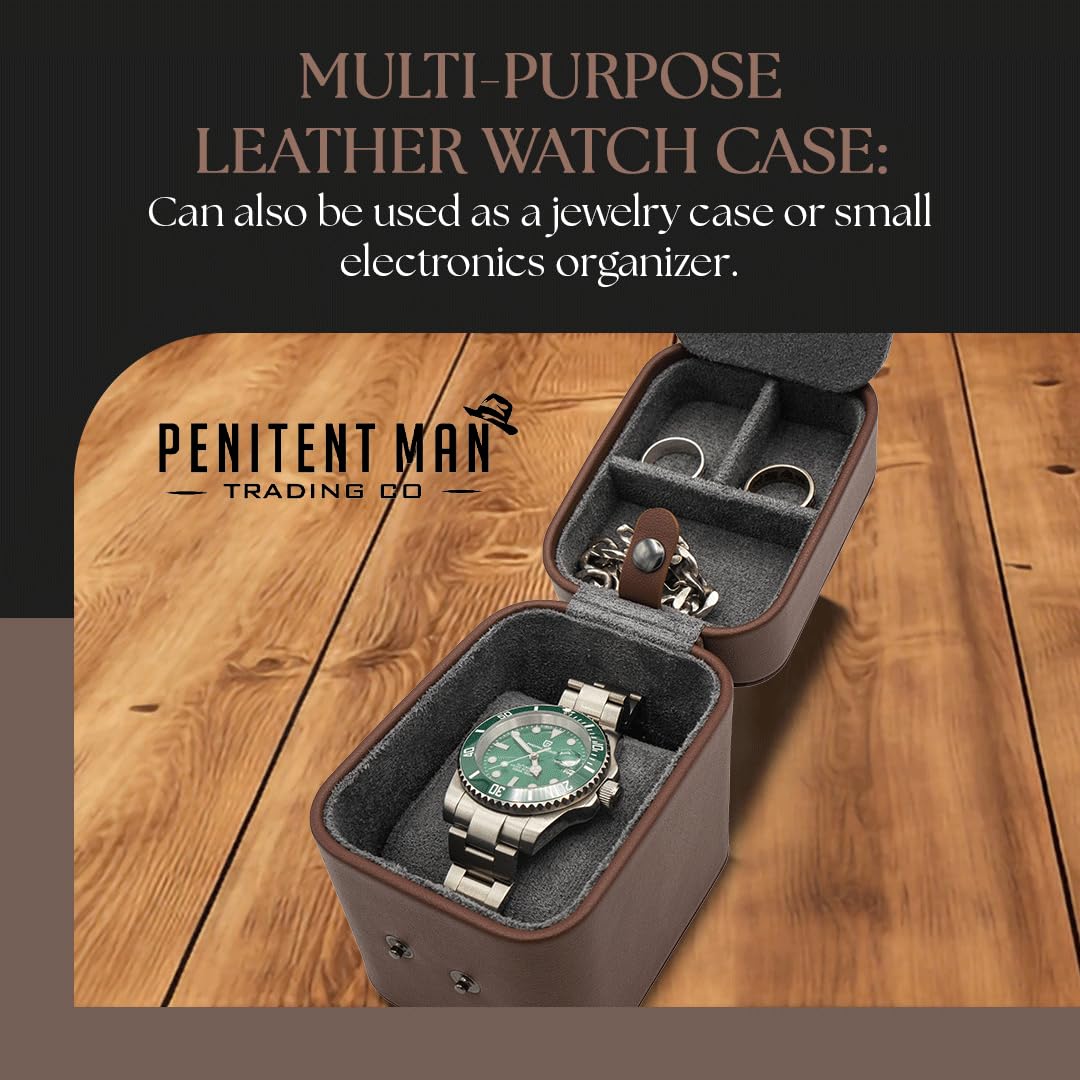 Penitent Man Leather Watch Travel Case for Men - Smart Watch Jewelry Organizer and Pillow Case